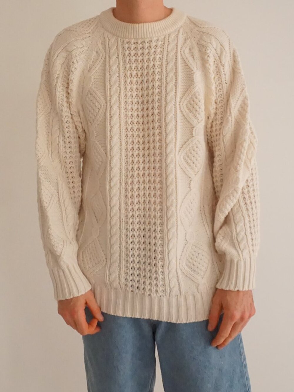 Vintage Appalachian Trail Cream Cable Knit Aran Fisherman Heavyweight Sweater L